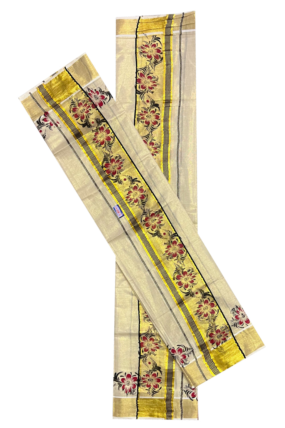 Kerala Tissue Kasavu Set Mundu (Mundum Neriyathum) with Black Red Floral Block Prints on Border