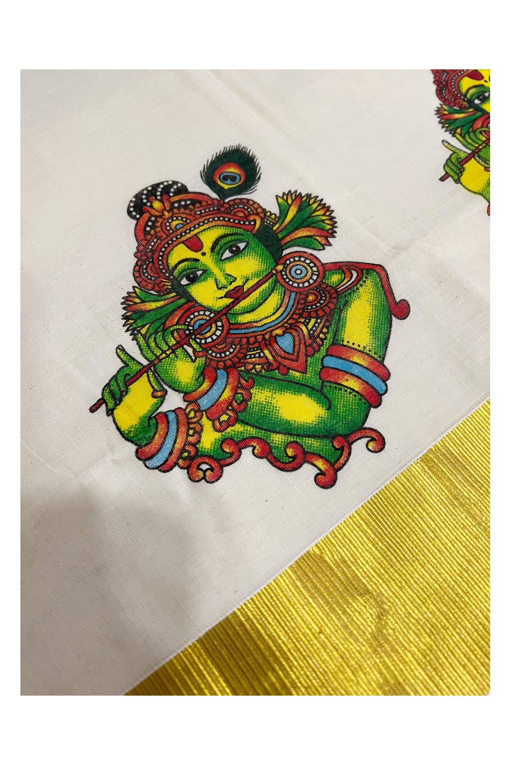 Pure Cotton Kasavu Set Mundu (Mundum Neriyathum) with Krishna Mural Prints on Border 2.80 Mtrs