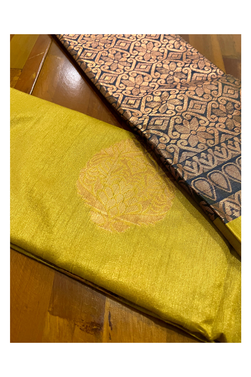 Southloom Mustard Yellow Semi Silk Designer Saree with Copper Kasavu Woven Works on Body