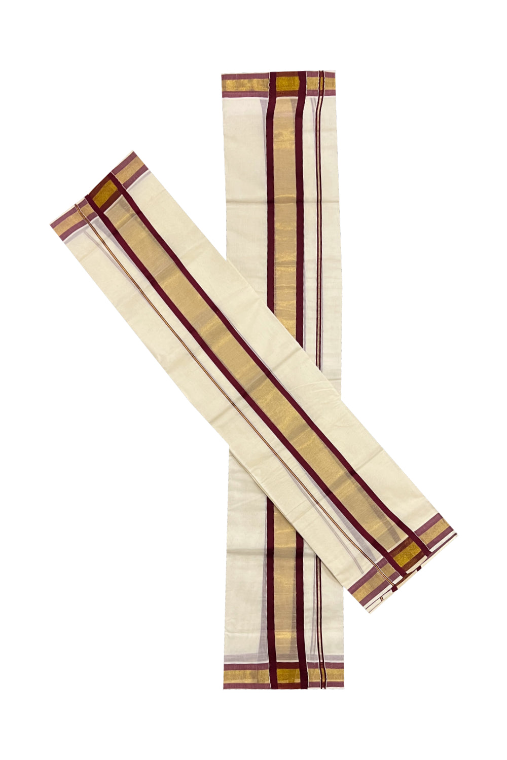 Kerala Cotton Set Mundu (Mundum Neriyathum) with Kasavu and Maroon Border