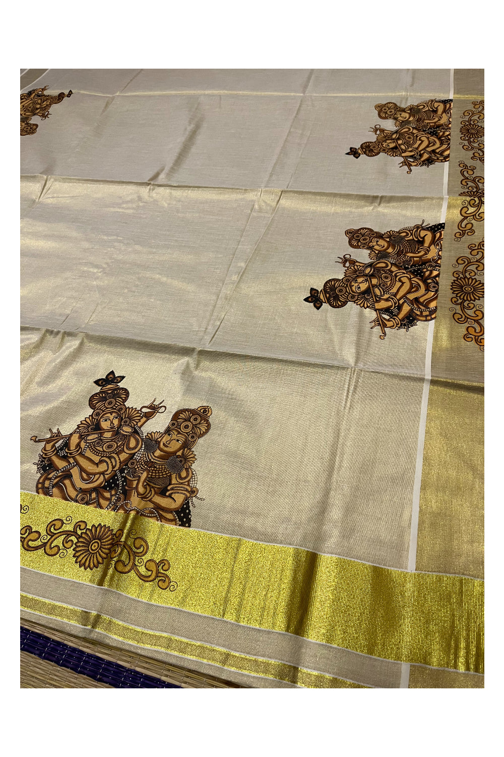 Kerala Tissue Kasavu Saree With Mural Krishna Radha Design and Printed Border