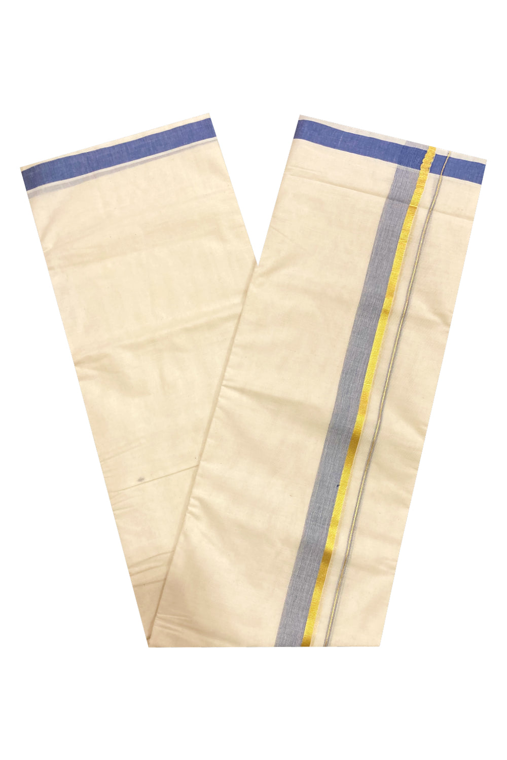 Pure Cotton Off White Double Mundu with Blue and Kasavu Border (South Indian Dhoti)