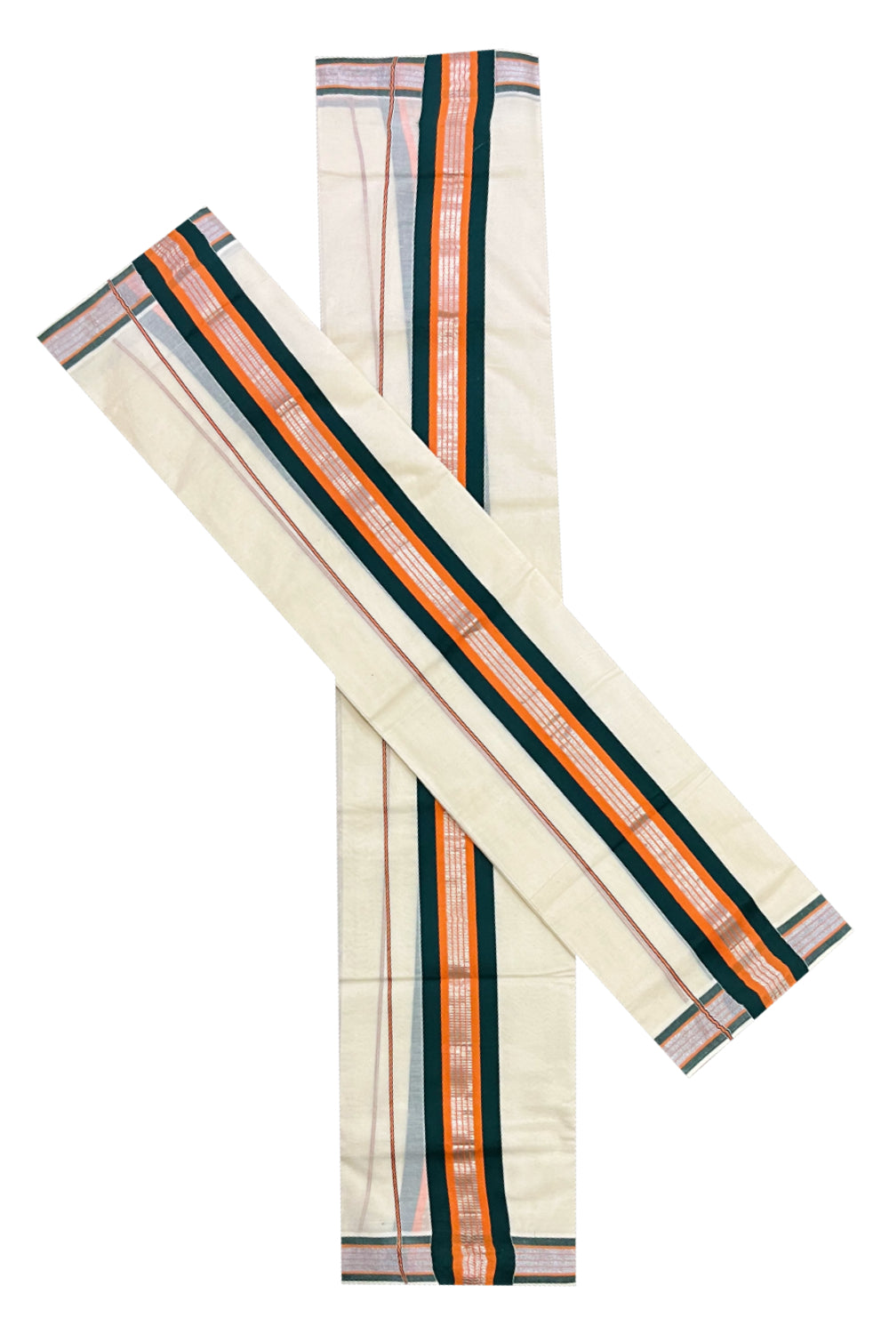 Pure Cotton Mundum Neriyathum Single (Set Mundu) with Silver Kasavu Green and Orange Border 2.80 Mtrs