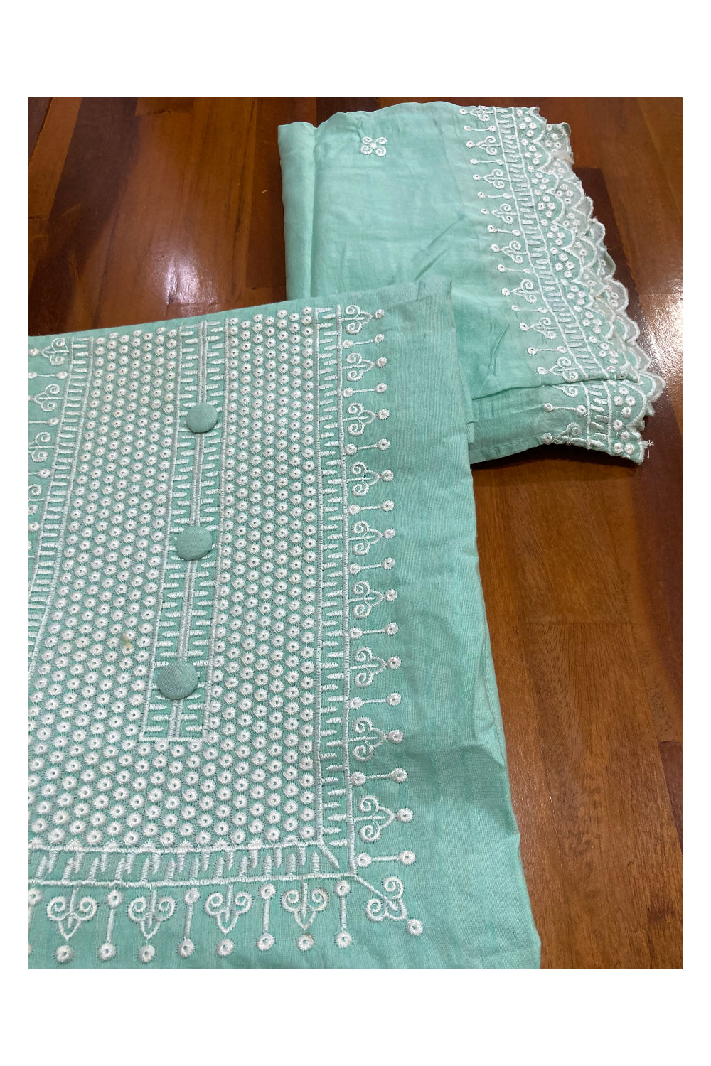 Southloom™ Cotton Churidar Salwar Suit Material in Green with White Thread work Design