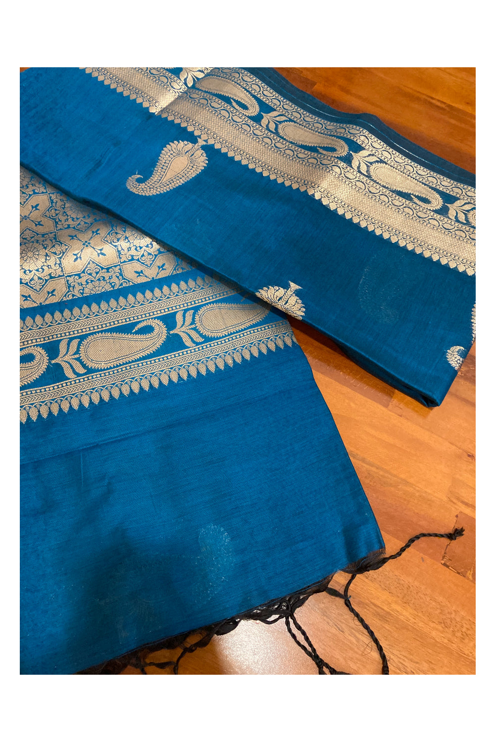 Southloom Blue Cotton Designer Saree with Kasavu Woven Works