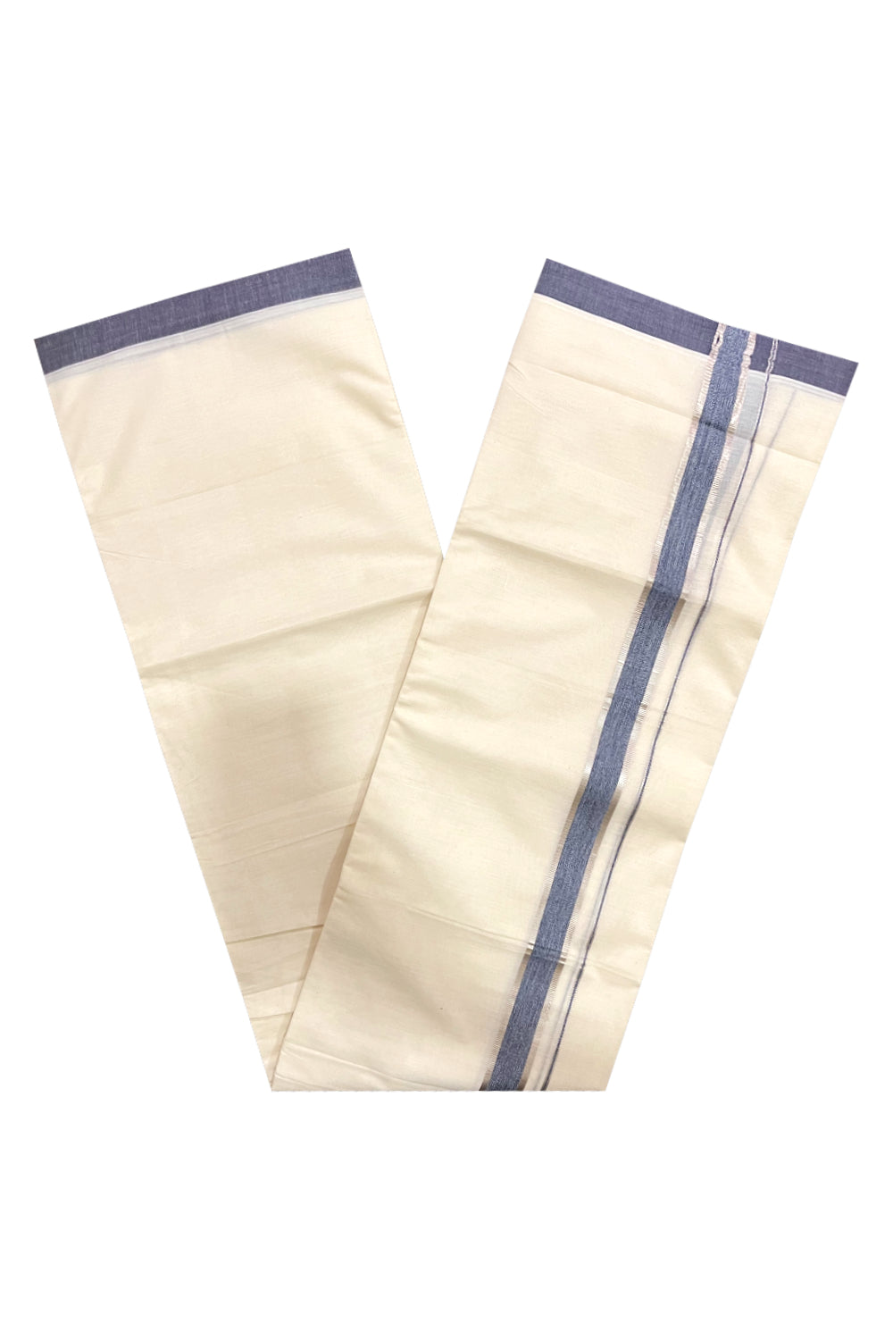 Pure Cotton Off White Double Mundu with Silver Kasavu and Blue Border (South Indian Dhoti)