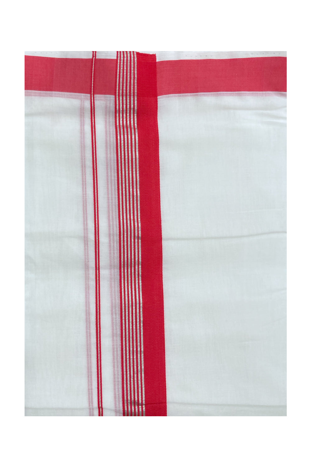 Southloom™ Balaramapuram Handloom Pure White Mundu with Silver Kasavu and Red Kara (South Indian Dhoti)