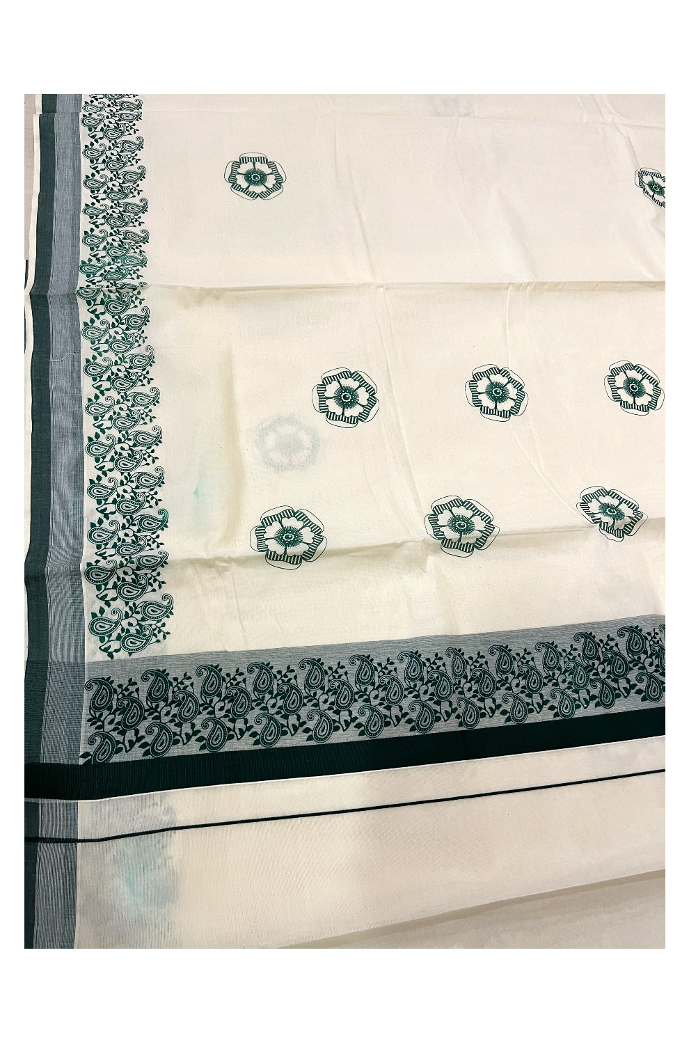 Pure Cotton Off White Kerala Saree with Green Paisley Block Prints on Border