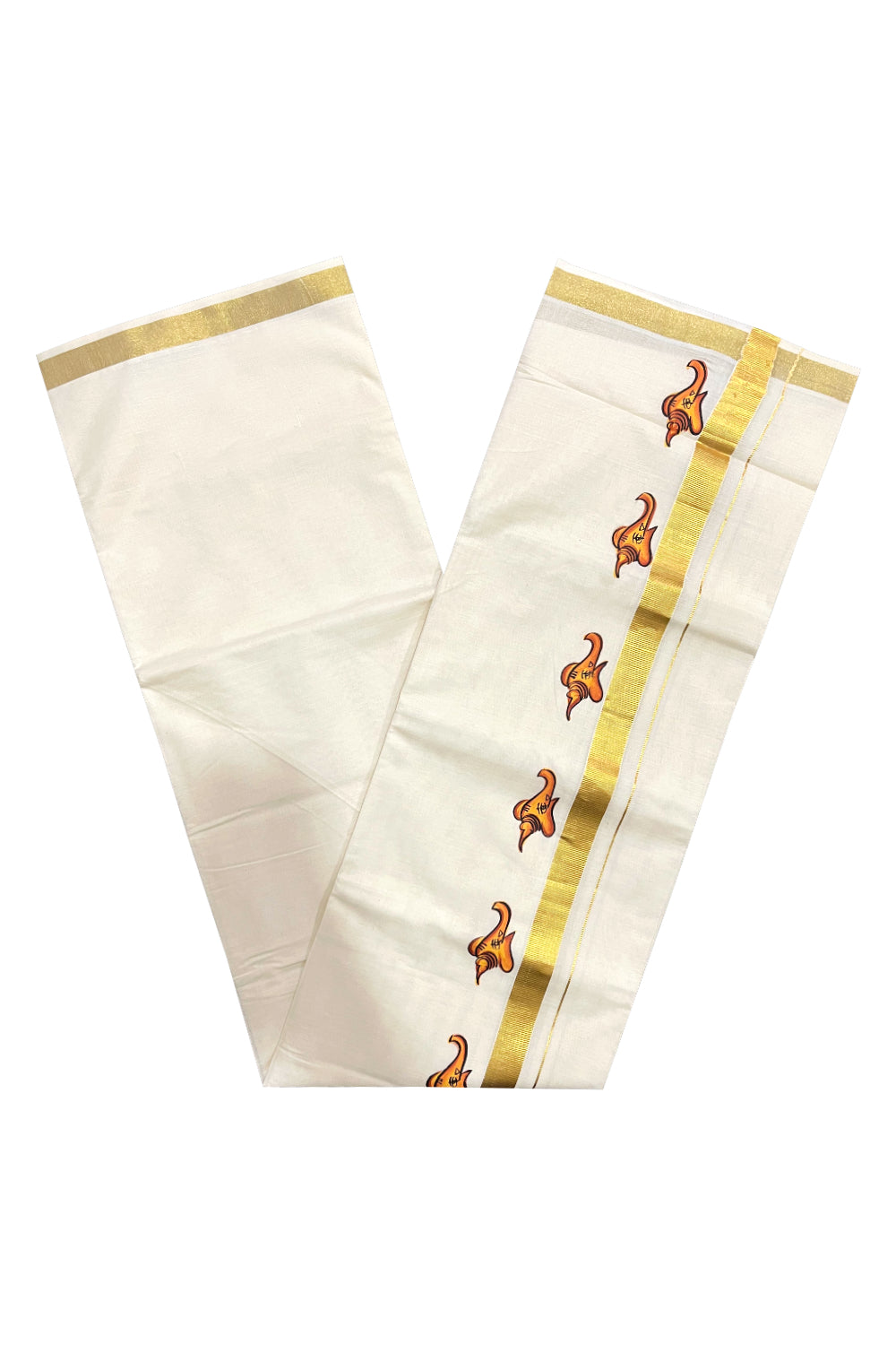 Off White Pure Cotton Double Mundu with Ganesha Mural Painted Design on Kasavu Kara (South Indian Kerala Dhoti)