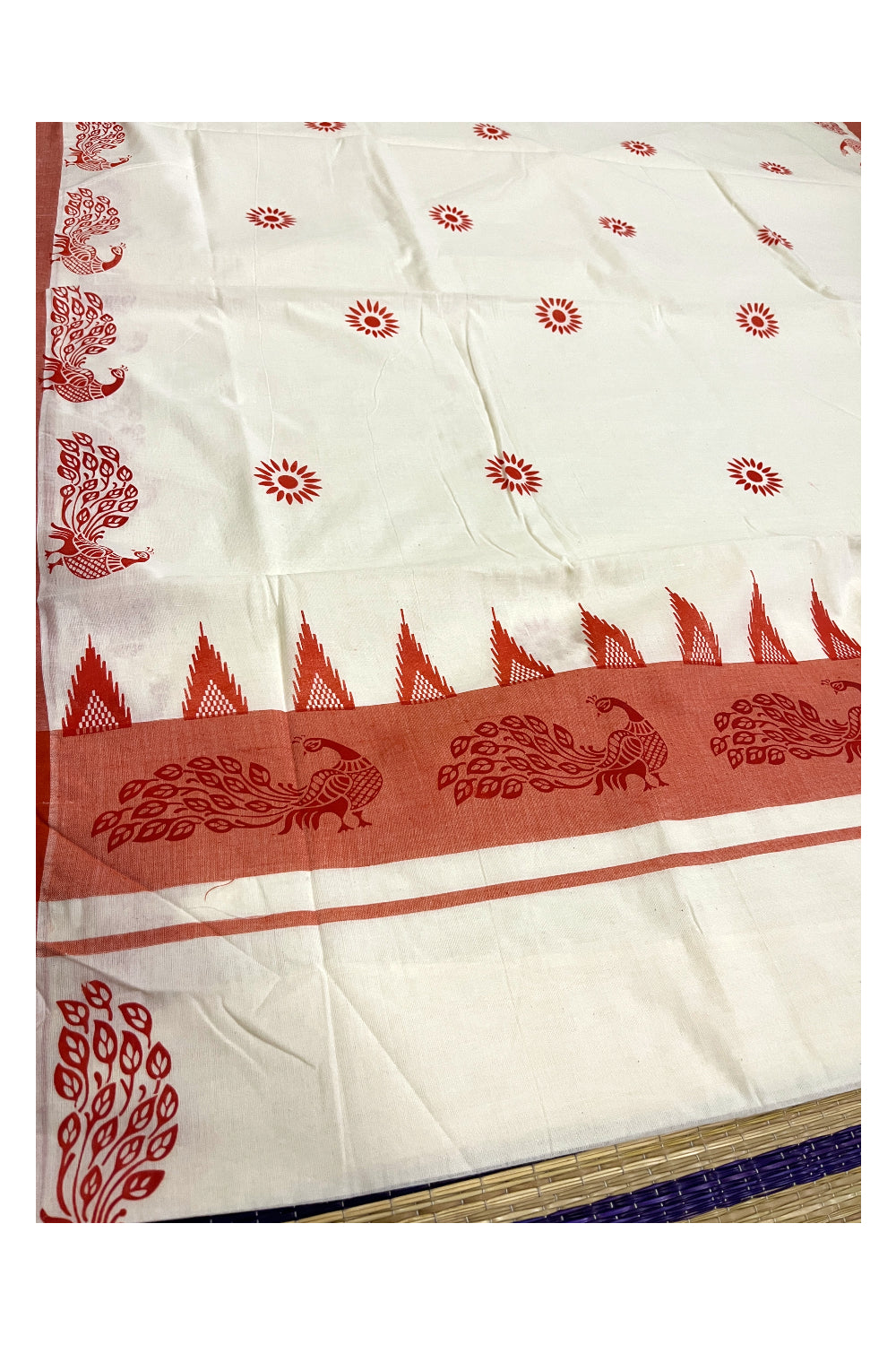 Pure Cotton Kerala Saree with Orange Peacock Temple Block Printed Border (Onam Saree 2023)