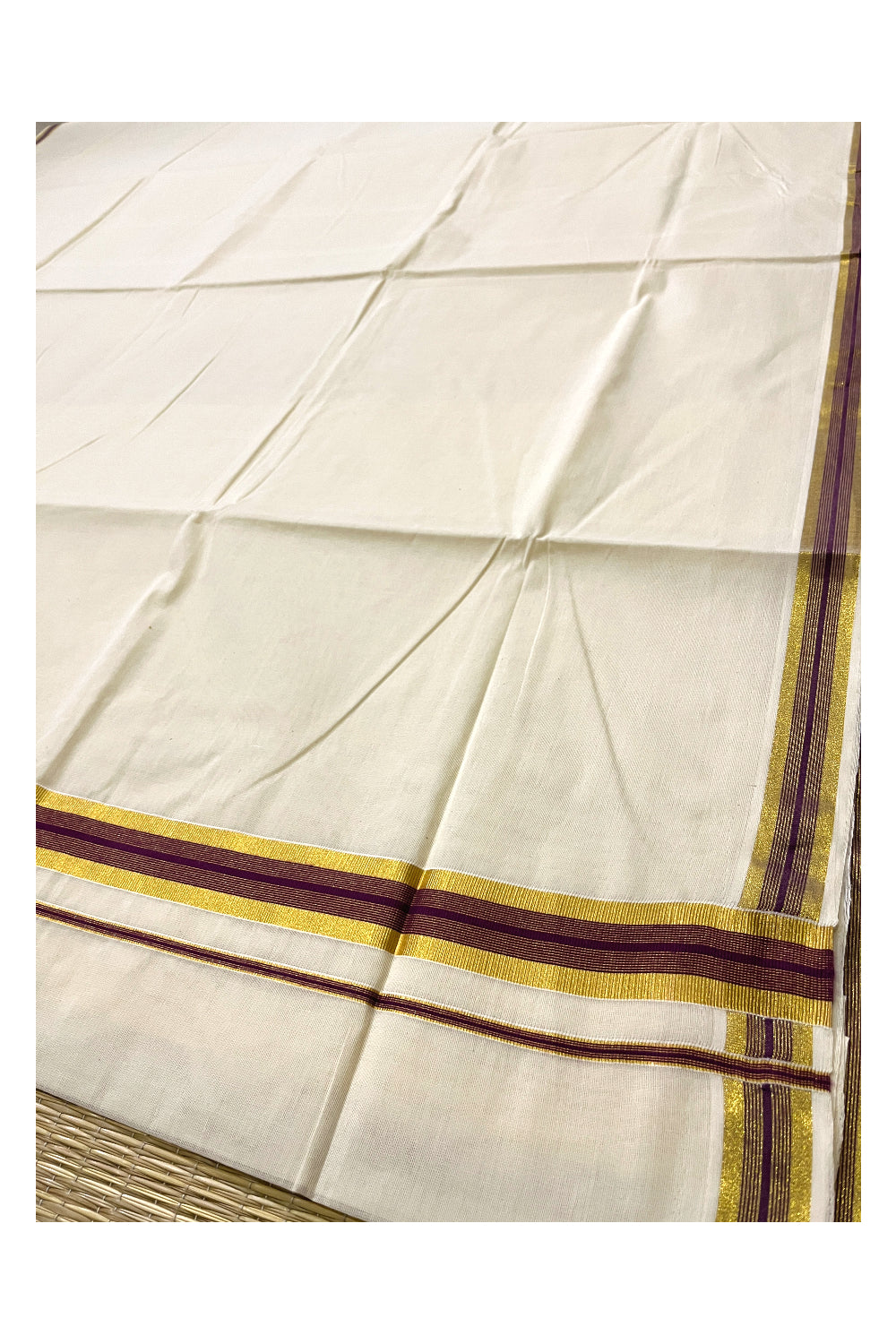 Kerala Pure Cotton Plain Saree with Kasavu and Purple Border