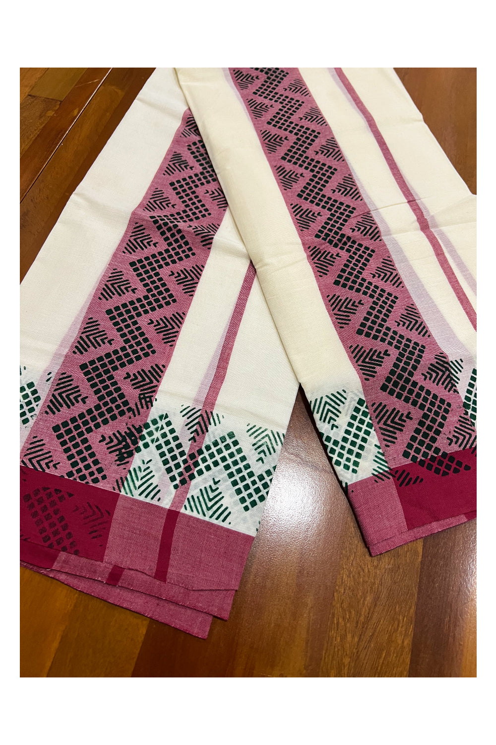 Kerala Cotton Set Mundu (Mundum Neriyathum) with Black Block Prints in Dark Red Border