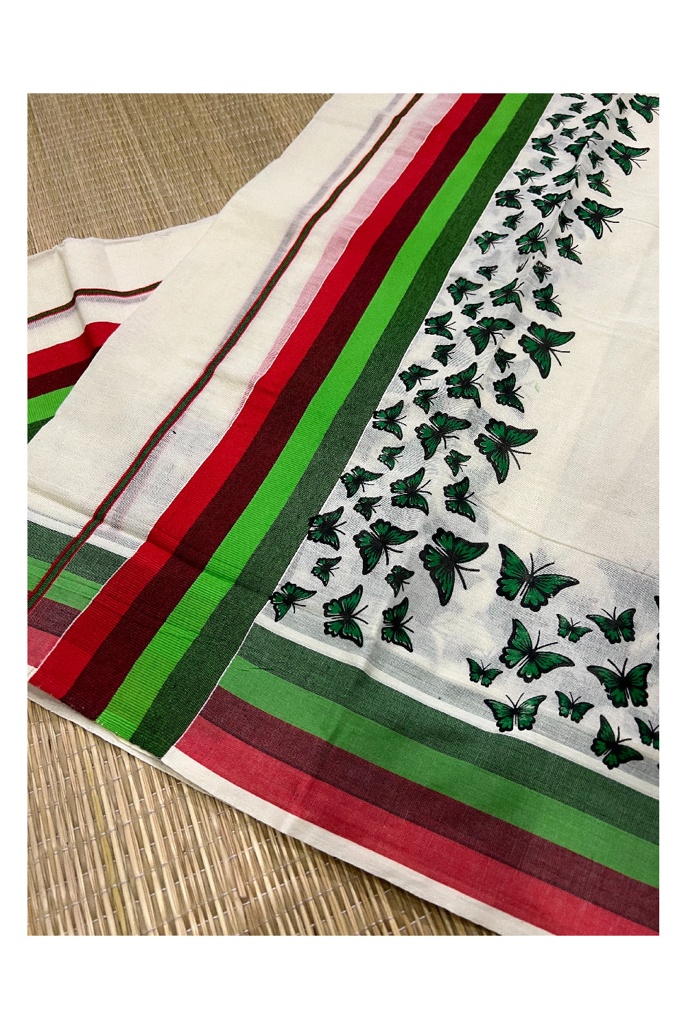 Kerala Cotton Set Mundu (Mundum Neriyathum) with Red Light Green Butterfly Block Prints on Border