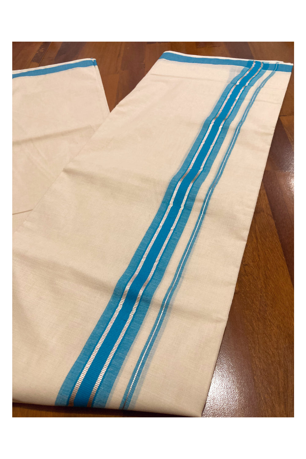 Off White Kerala Double Mundu with Silver Kasavu and Blue Border (South Indian Dhoti)