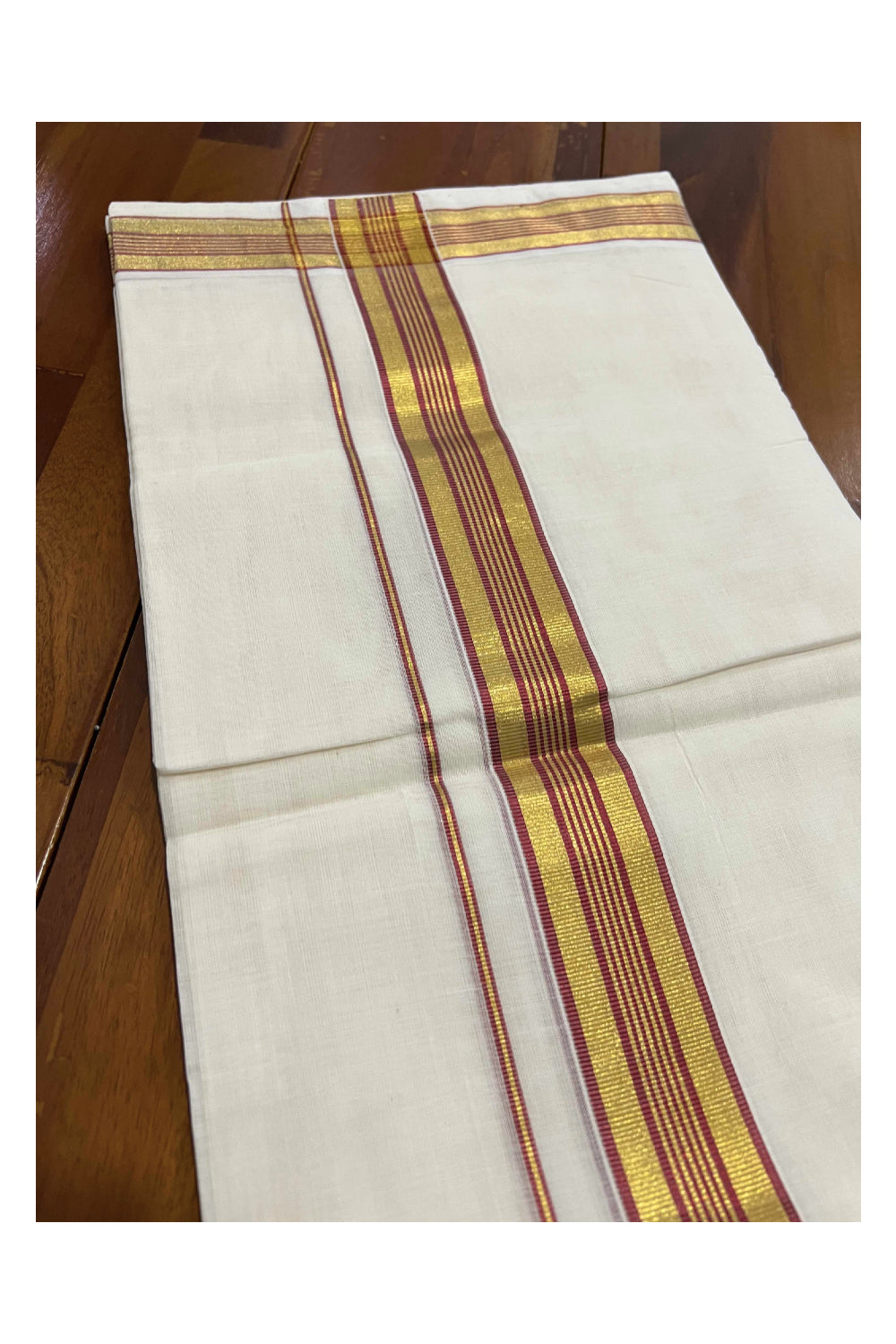 Southloom Kuthampully Handloom Pure Cotton Mundu with Golden and Red Kasavu Lines Border (South Indian Dhoti)
