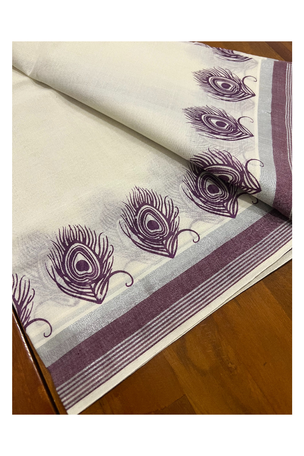 Pure Cotton Silver Kasavu Set Mundu (Mundum Neriyathum) with Purple Feather Block Prints on Border