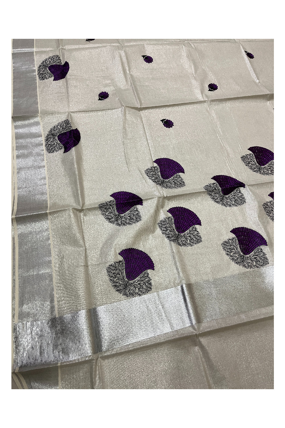 Kerala Silver Tissue Kasavu Saree with Violet Floral Embroidery Design