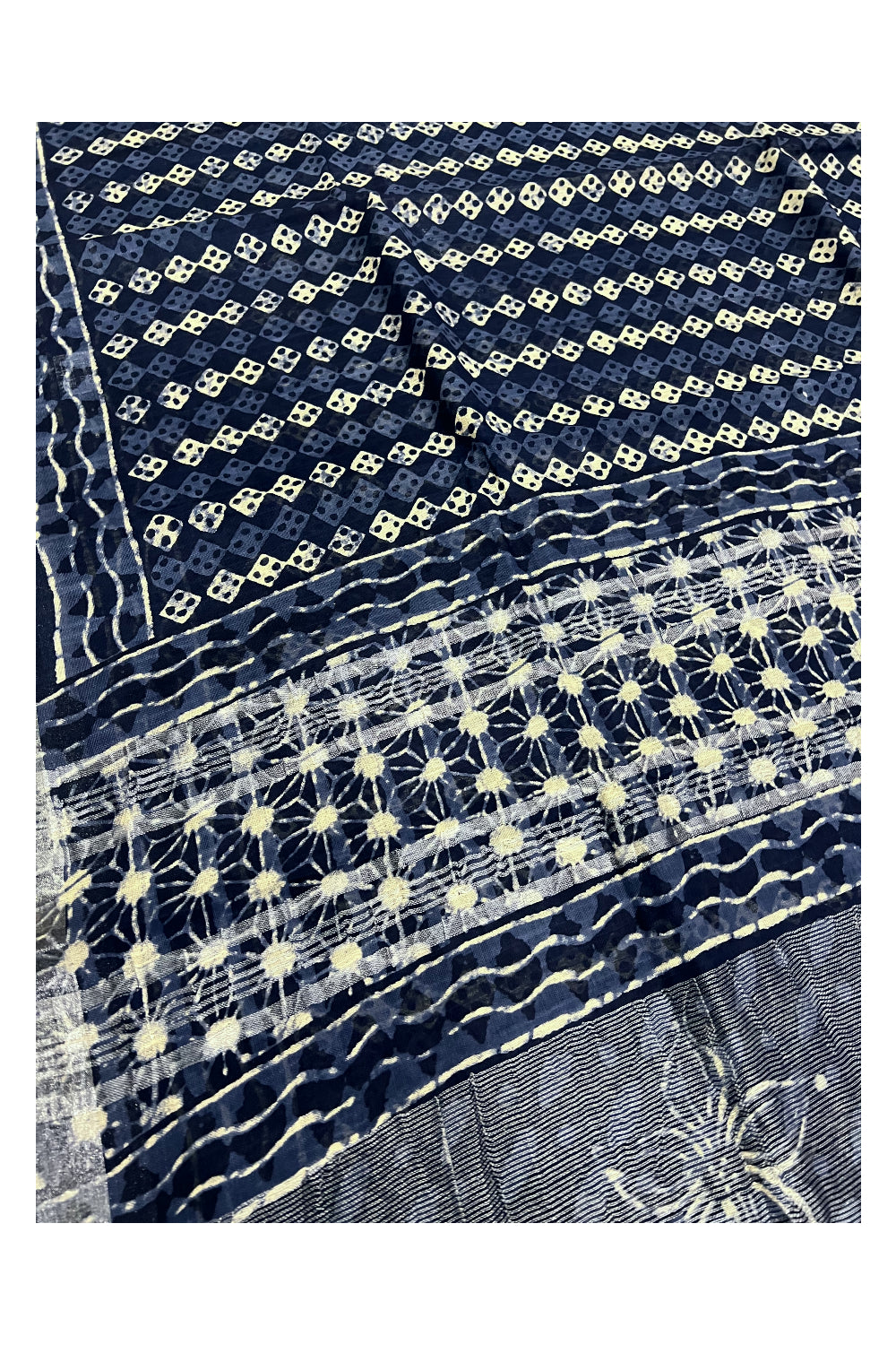 Southloom Linen Indigo Blue Saree with White Designer Prints and Tassels on Pallu