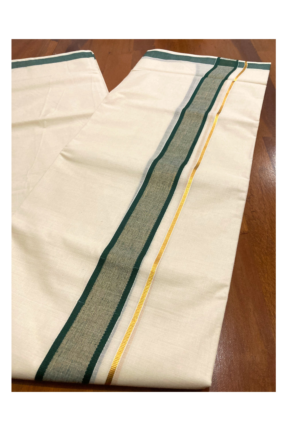 Off White Pure Cotton Double Mundu with Kasavu and Green Border (South Indian Dhoti)