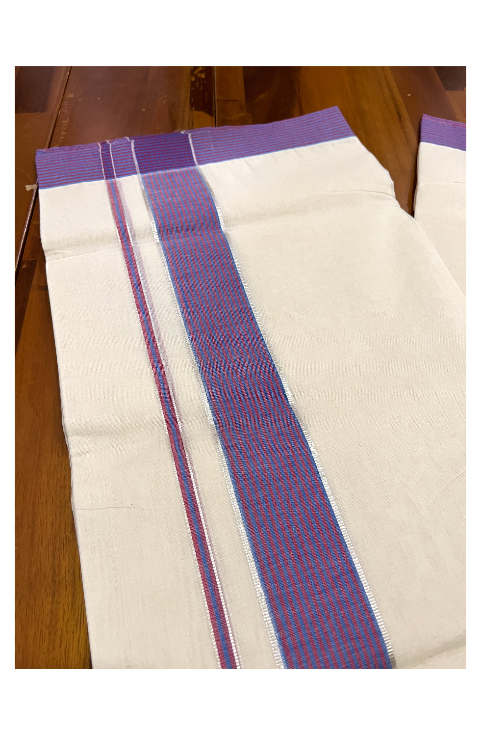 Pure Cotton Off White 100x100 Double Mundu with Silver Kasavu and Blue Red Lines Border (South Indian Dhoti)