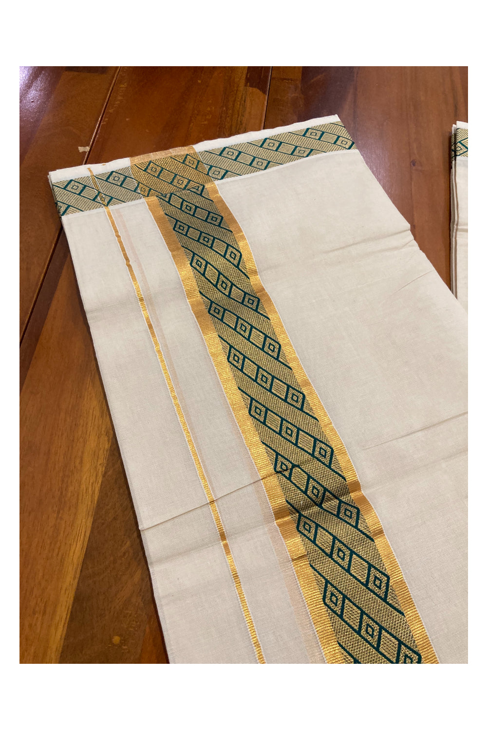 Off White Kerala Double Mundu with Kasavu and Green Woven Border (South Indian Dhoti)