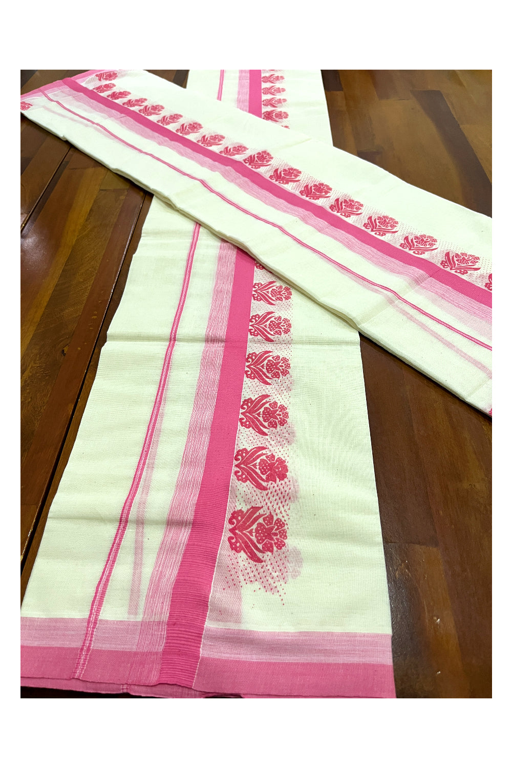 Kerala Cotton Single Set Mundu (Mundum Neriyathum) with Pink Floral Block Prints on Border