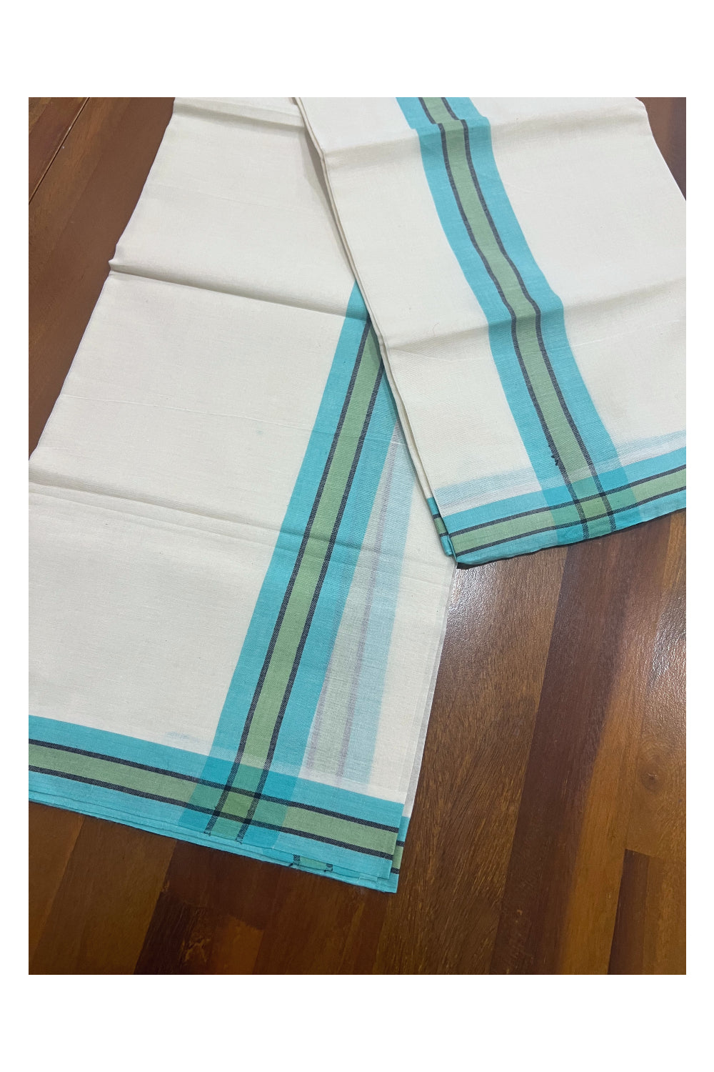 Kerala Cotton Mundum Neriyathum Single (Set Mundu) with Turquoise and Green Mulloth Border (Extra Soft Cotton)