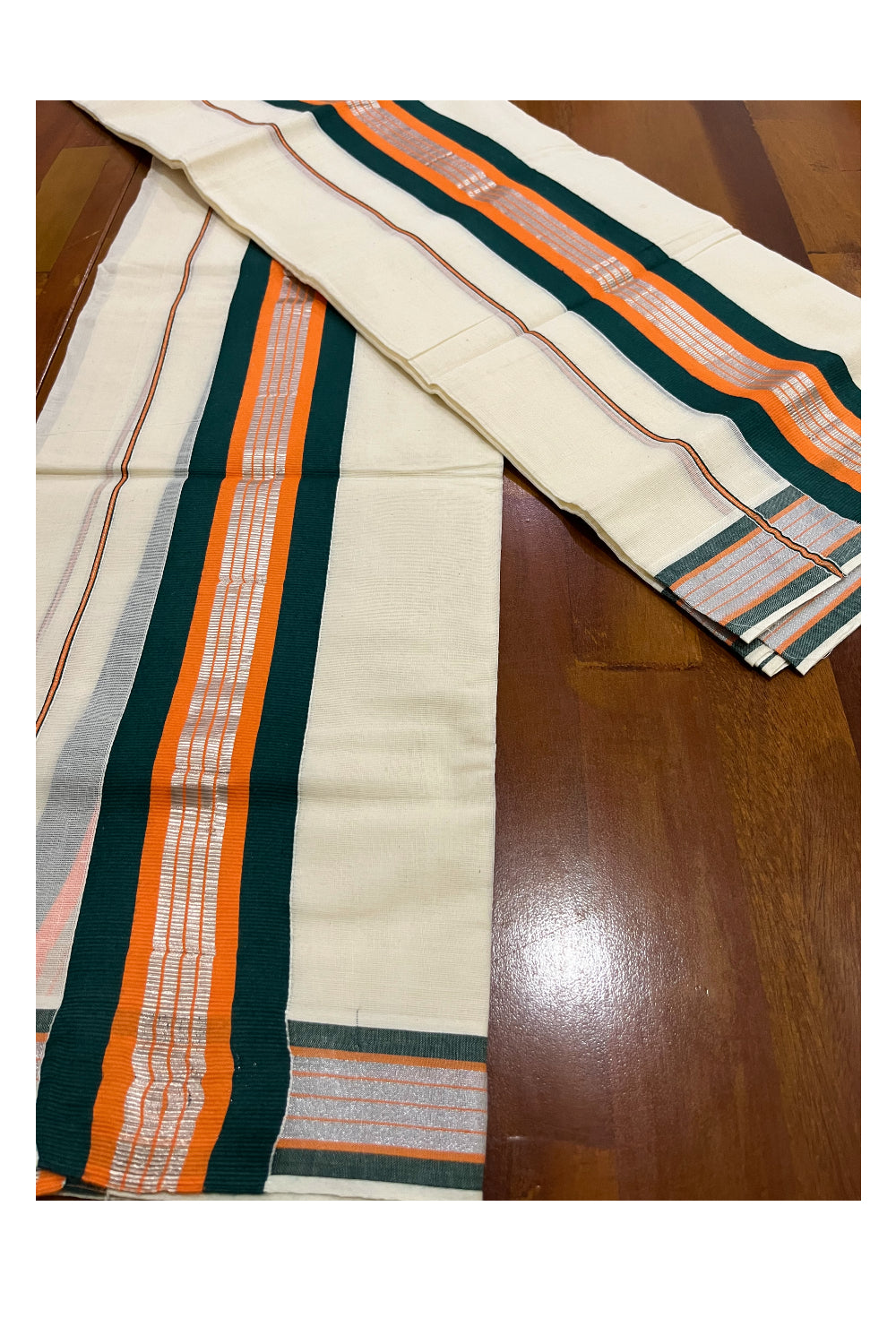 Pure Cotton Mundum Neriyathum Single (Set Mundu) with Silver Kasavu Green and Orange Border 2.80 Mtrs