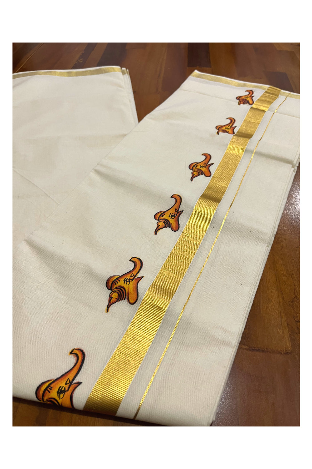 Off White Pure Cotton Double Mundu with Ganesha Mural Painted Design on Kasavu Kara (South Indian Kerala Dhoti)