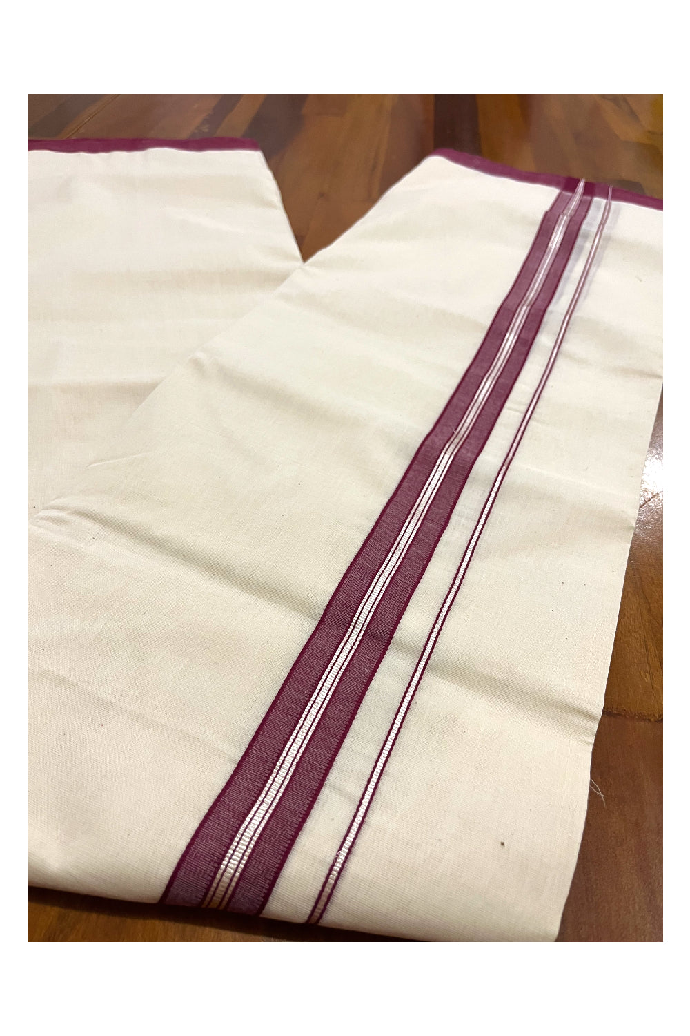 Southloom Premium Handloom Double Mundu with Maroon and Silver Kasavu Border