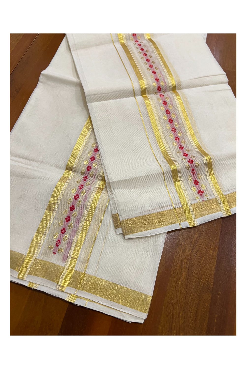 Southloom Handloom Premium Cotton Set Mundu with Kasavu Woven Work on Border (Rose Woven Dots)