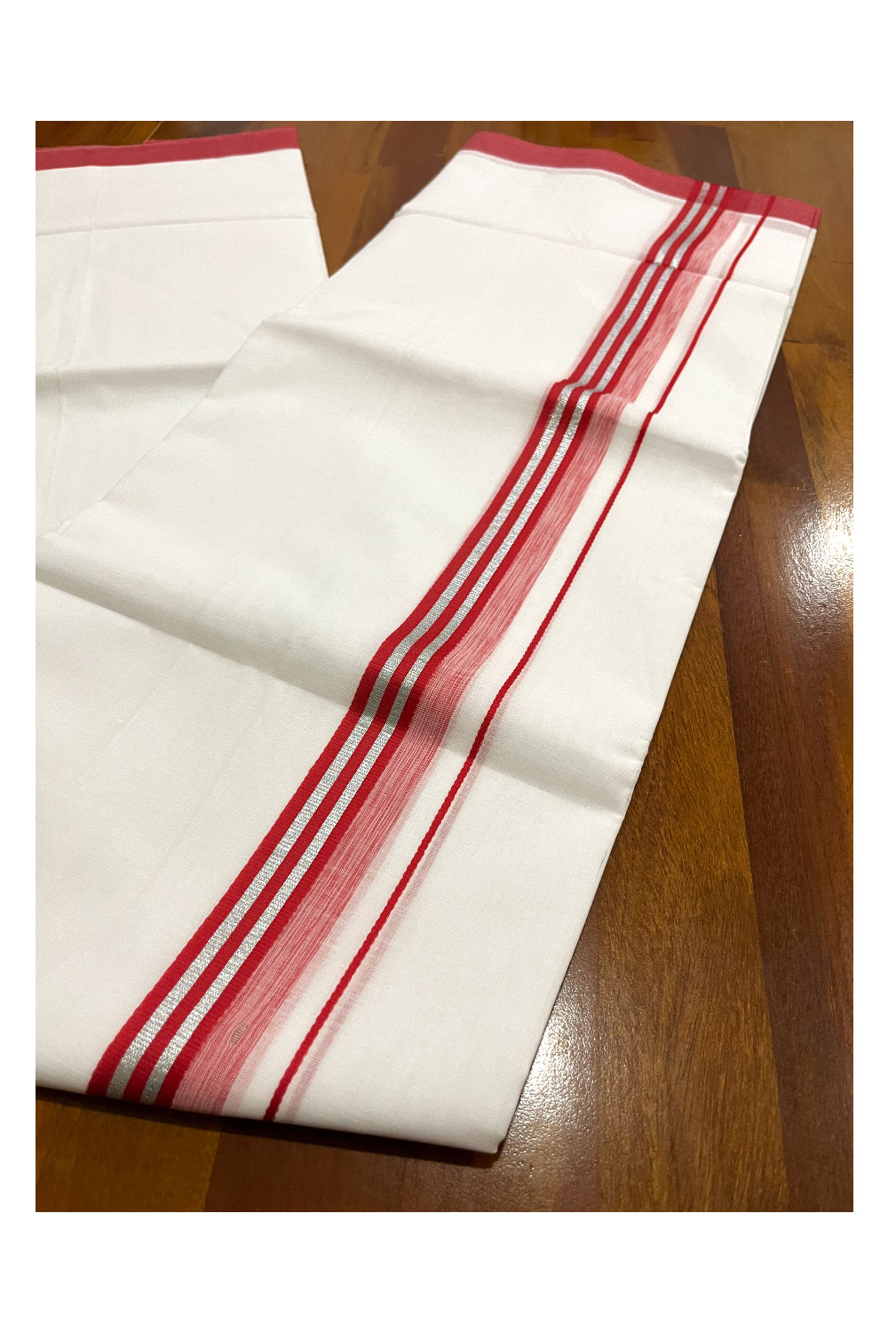 Pure White Cotton Double Mundu with Silver Kasavu and Red Border (South Indian Kerala Dhoti)