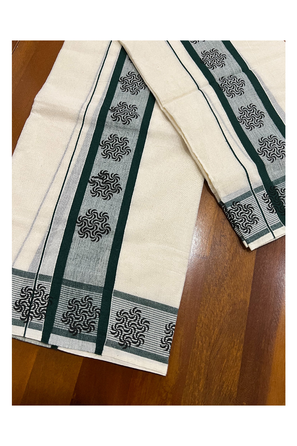 Kerala Cotton Set Mundu (Mundum Neriyathum) with Black Block Prints on Green Border