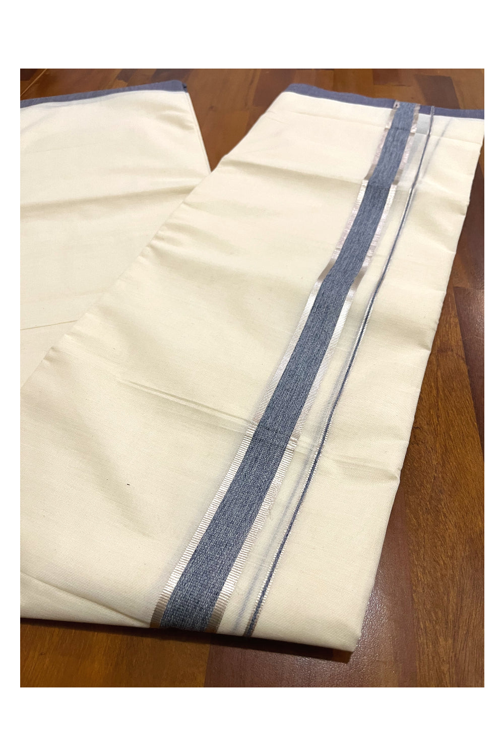 Pure Cotton Off White Double Mundu with Silver Kasavu and Blue Border (South Indian Dhoti)