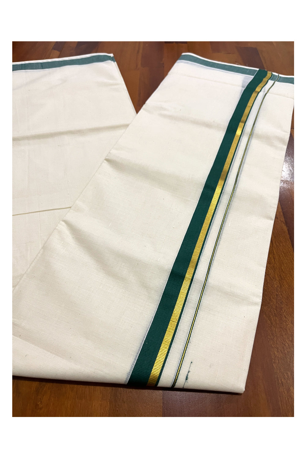 Pure Cotton Double Mundu with Kasavu Green Kara (South Indian Kerala Dhoti)