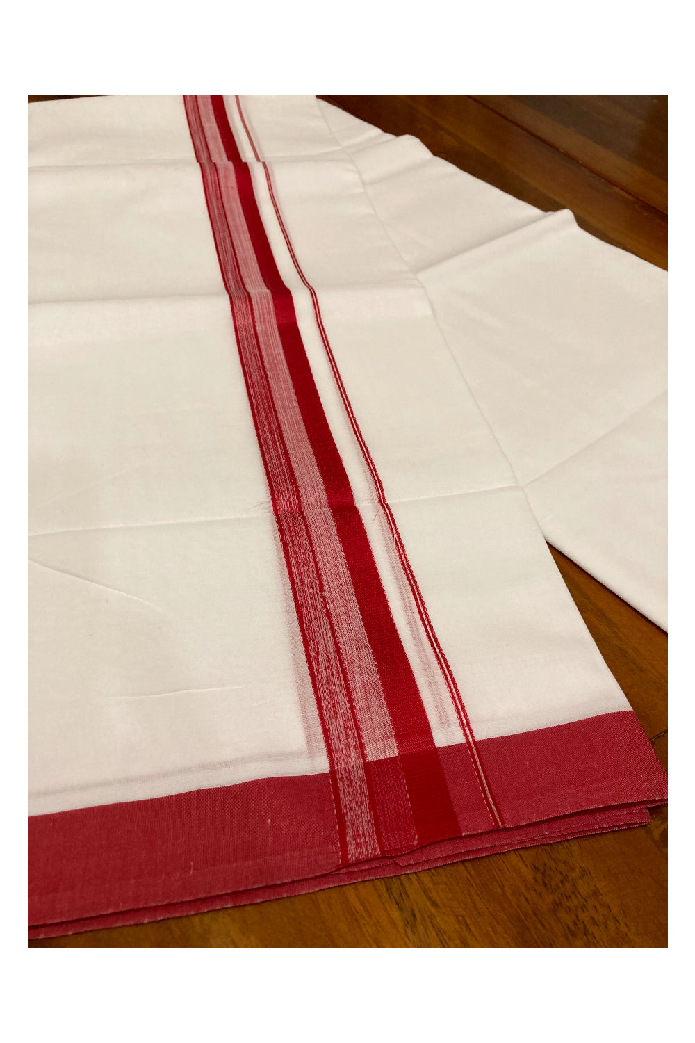 Pure White Cotton Double Mundu with Red Border (South Indian Dhoti)