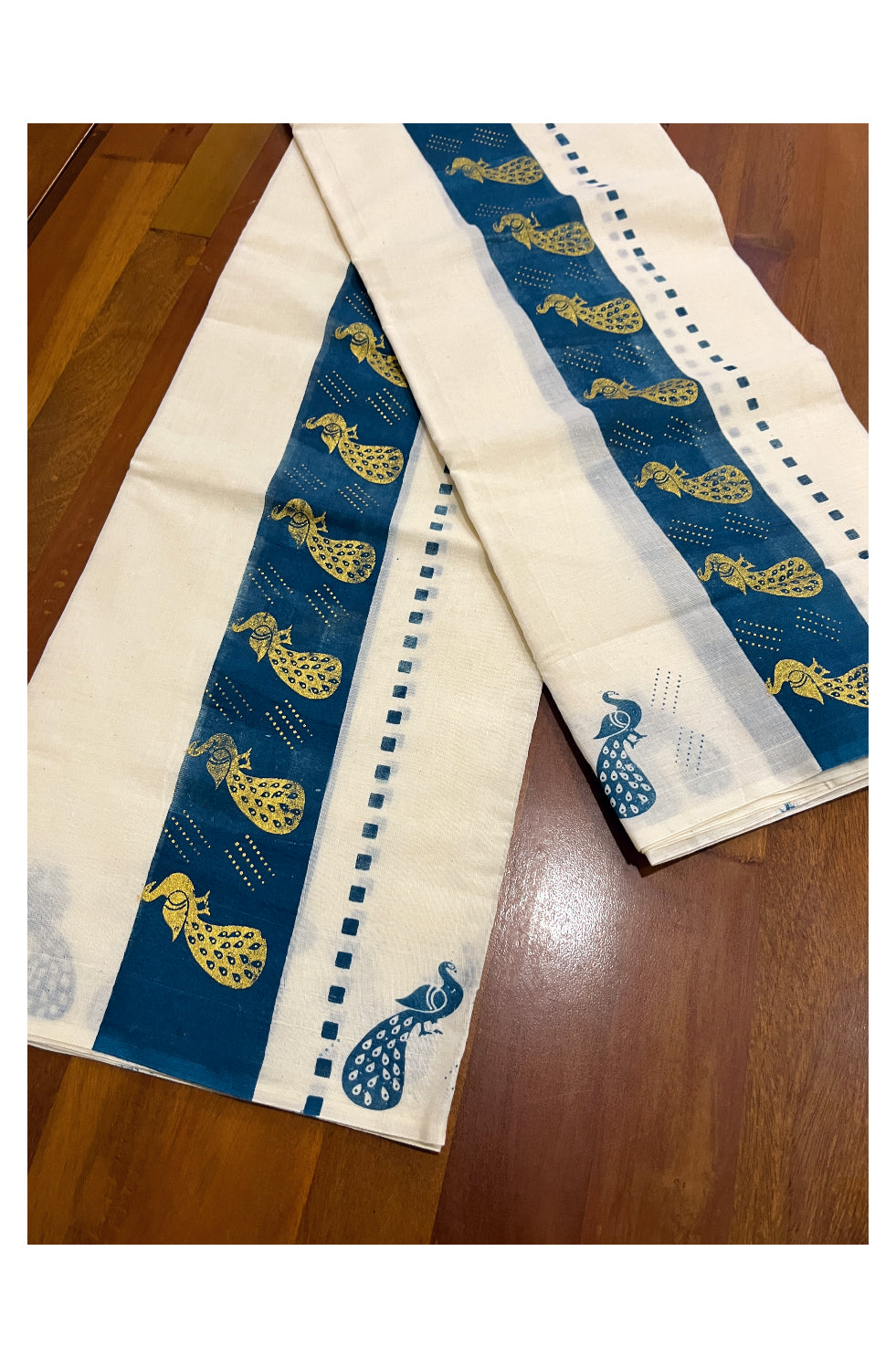 Kerala Cotton Set Mundu (Mundum Neriyathum) with Golden Peacock Block Prints on Blue Border 2.80 Mtrs