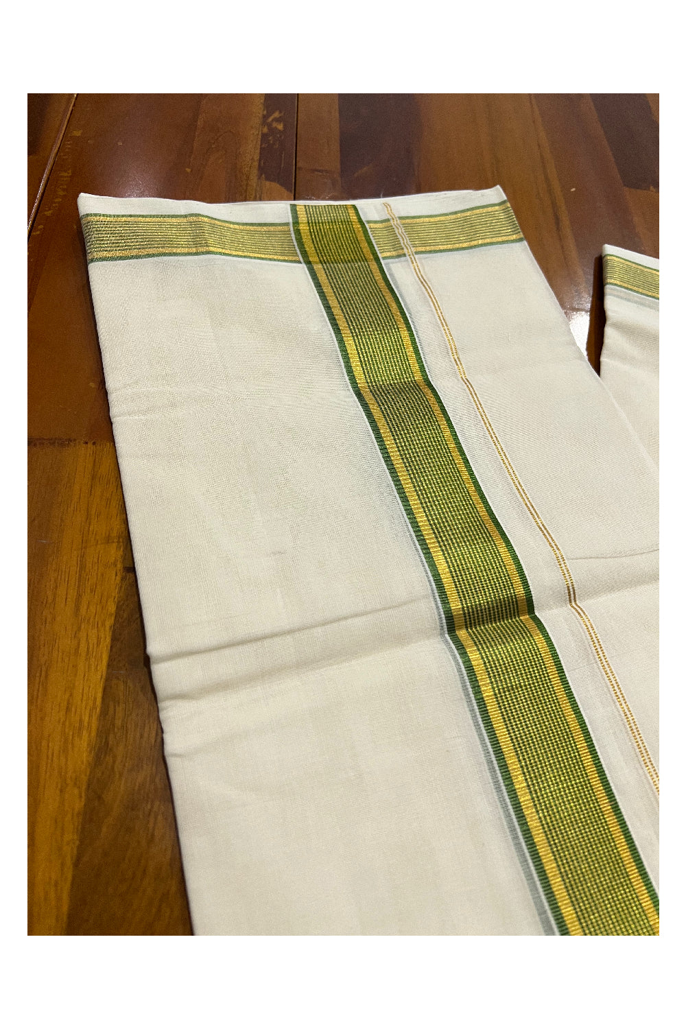 Southloom Kuthampully Handloom Pure Cotton Mundu with Golden and Light Green Kasavu Border (South Indian Dhoti)