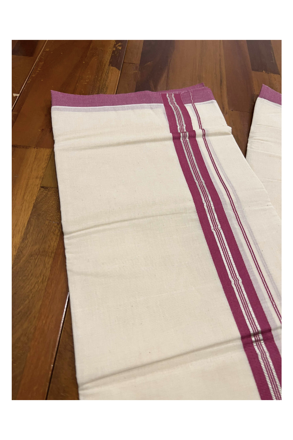 Off White Pure Cotton Double Mundu with SIlver Kasavu and Dark Red Kara (South Indian Dhoti)