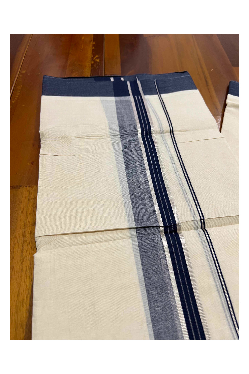 Off White Kerala Double Mundu with Silver Kasavu and Navy Blue Border (South Indian Dhoti)