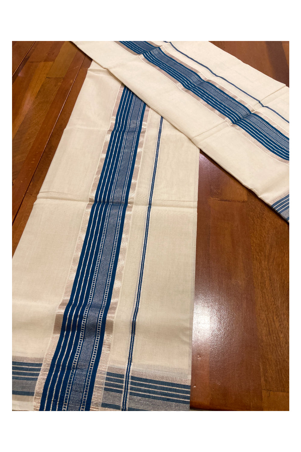 Southloom Premium Handloom Single Set Mundu with Silver Kasavu and Blue Border