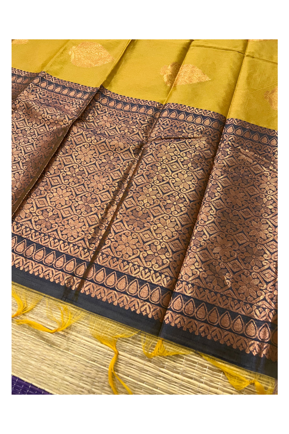 Southloom Mustard Yellow Semi Silk Designer Saree with Copper Kasavu Woven Works on Body