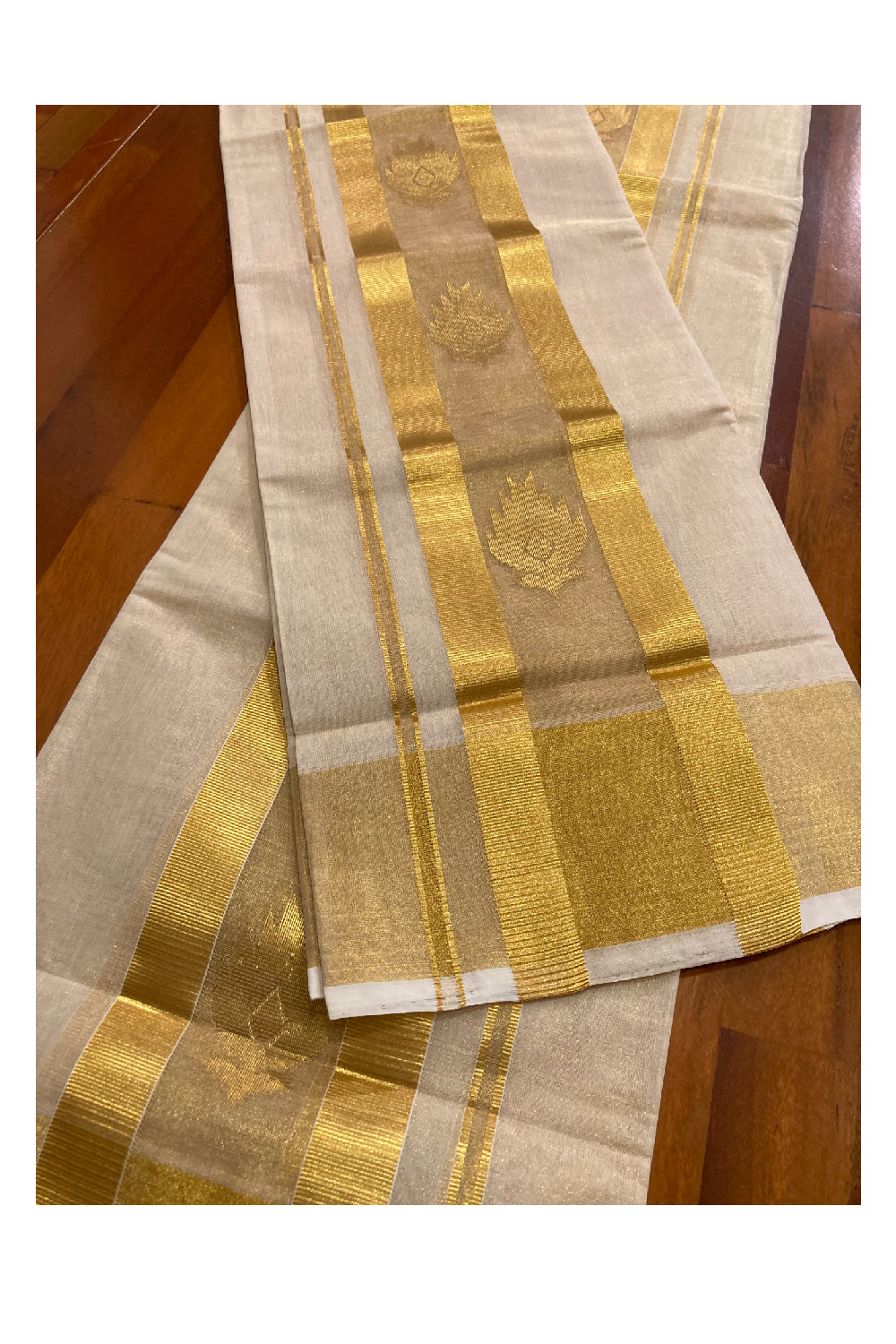 Southloom Handloom Tissue Kasavu Premium Set Mundu with Butta Work Across Border (2.80 m)