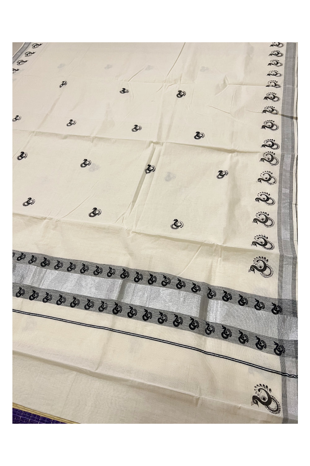 Pure Cotton Kerala Saree with Black Peacock Block Prints on Silver Kasavu Border