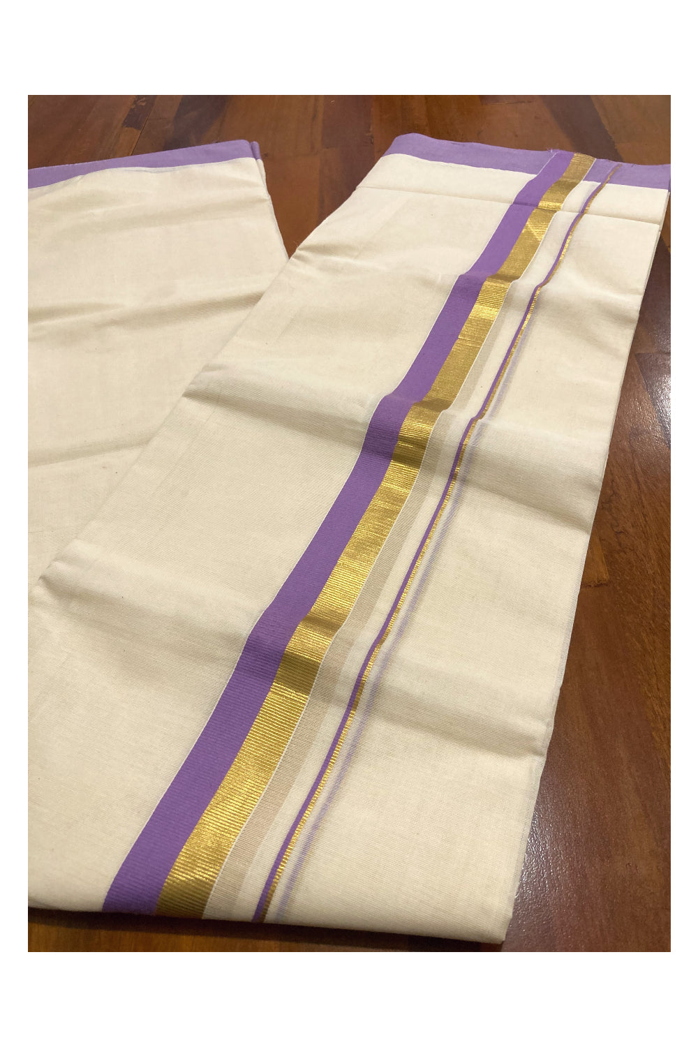 Pure Cotton Double Mundu with Violet and Kasavu Border (South Indian Dhoti)