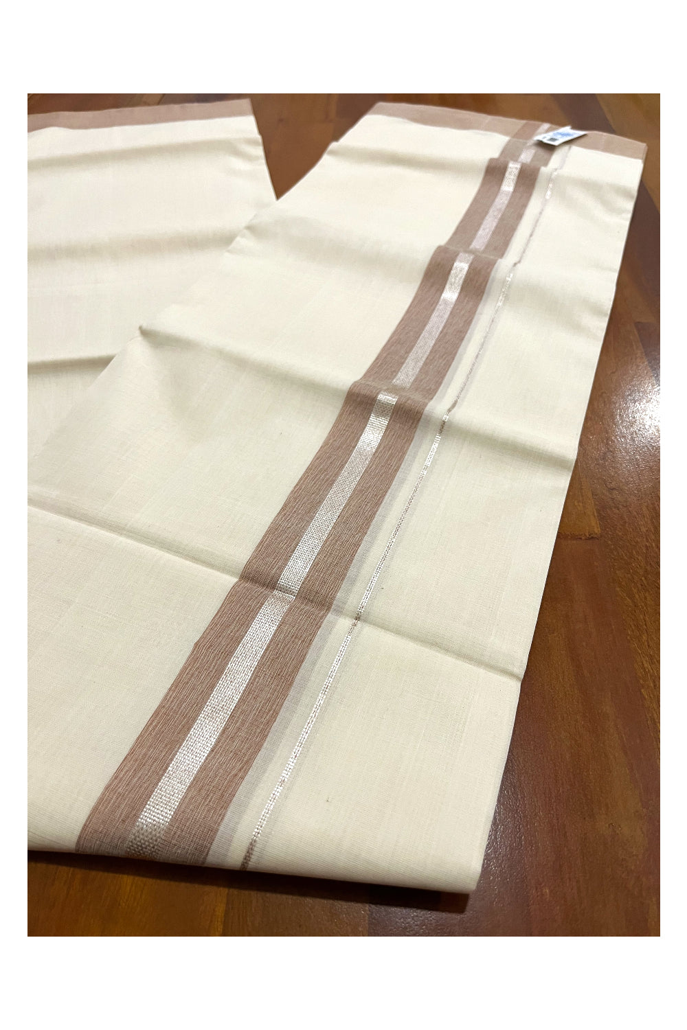 Southloom Premium Unakkupaavu Handloom Wedding Mundu with Brown and Silver Kasavu Border