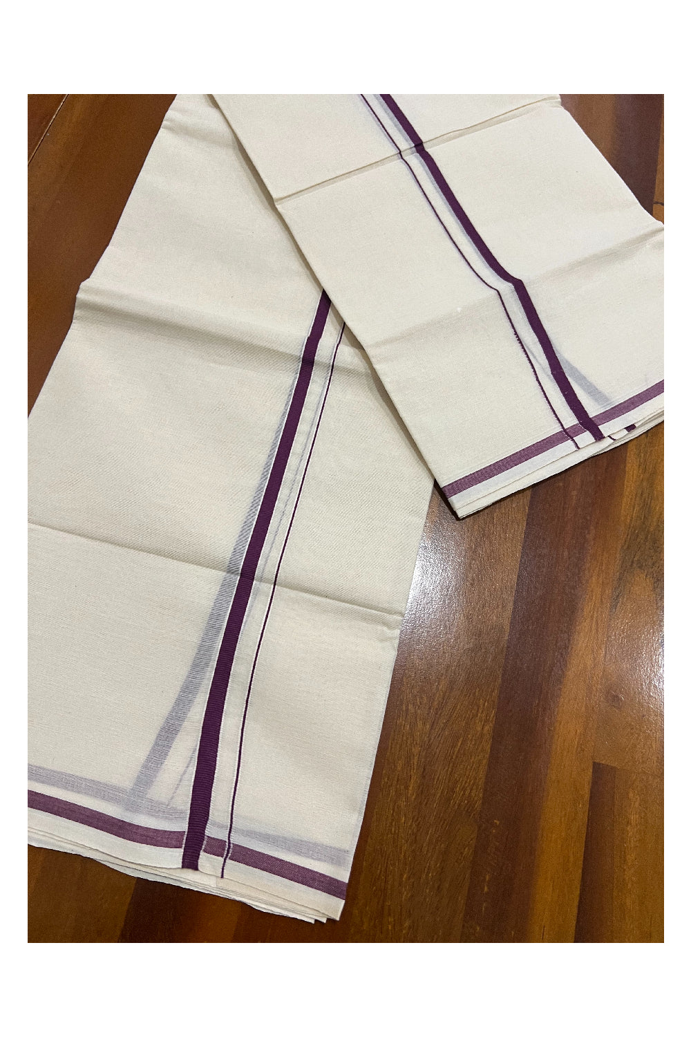 Kerala Cotton Set Mundu (Mundum Neriyathum) with 0.5 inch Purple Border 2.80 Mtrs