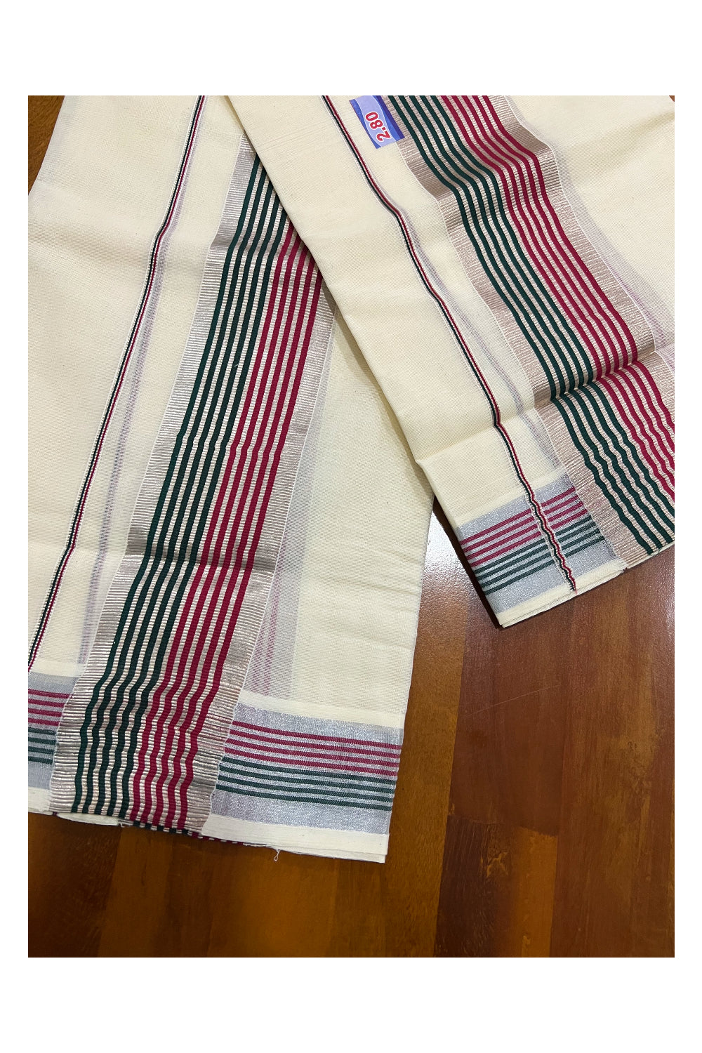 Kerala Cotton Kasavu Set Mundu (Mundum Neriyathum) with Maroon Green and Silver Kasavu Border 2.80 Mtrs