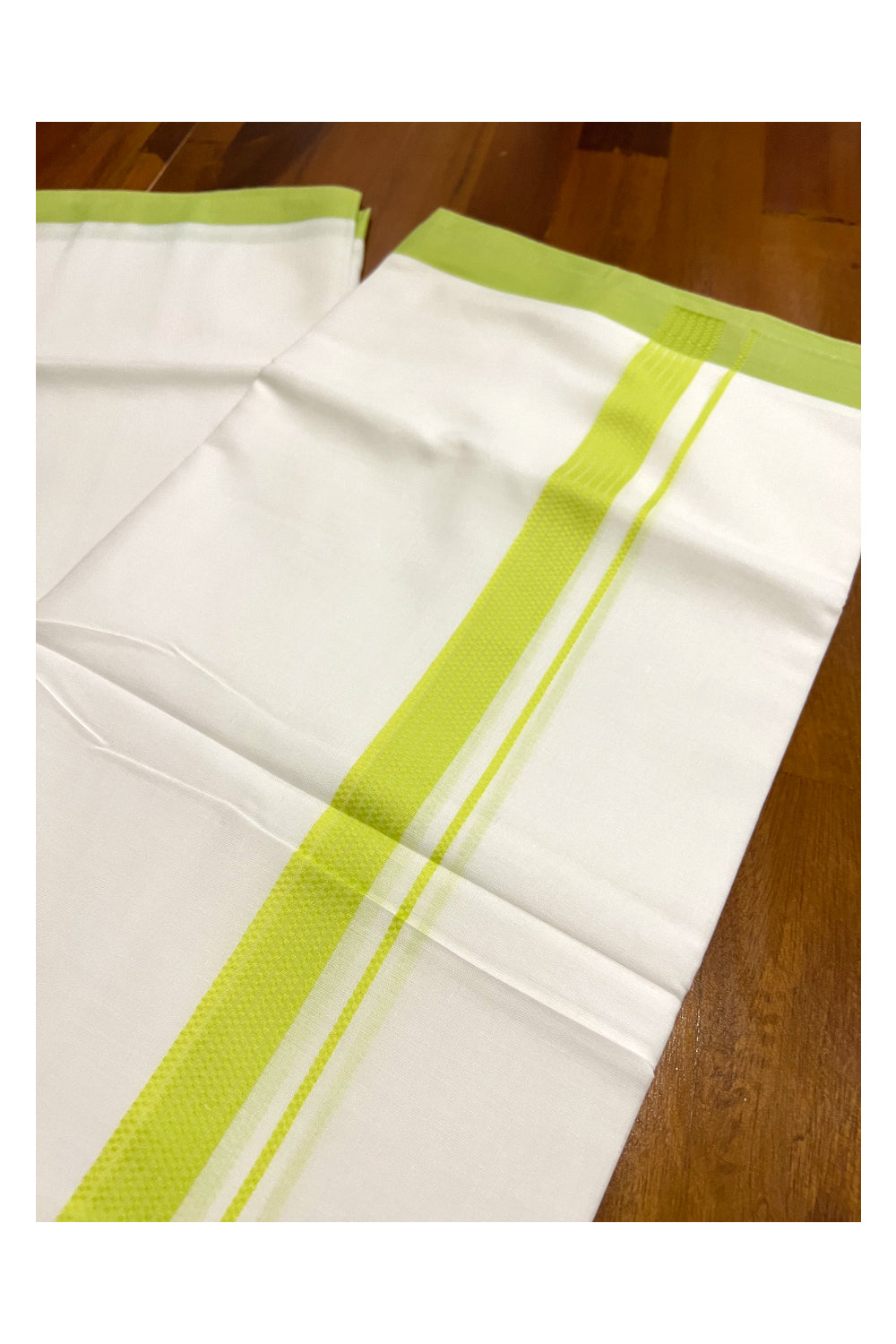 Pure White Cotton Double Mundu with Lines on Light Green Border (South Indian Dhoti)