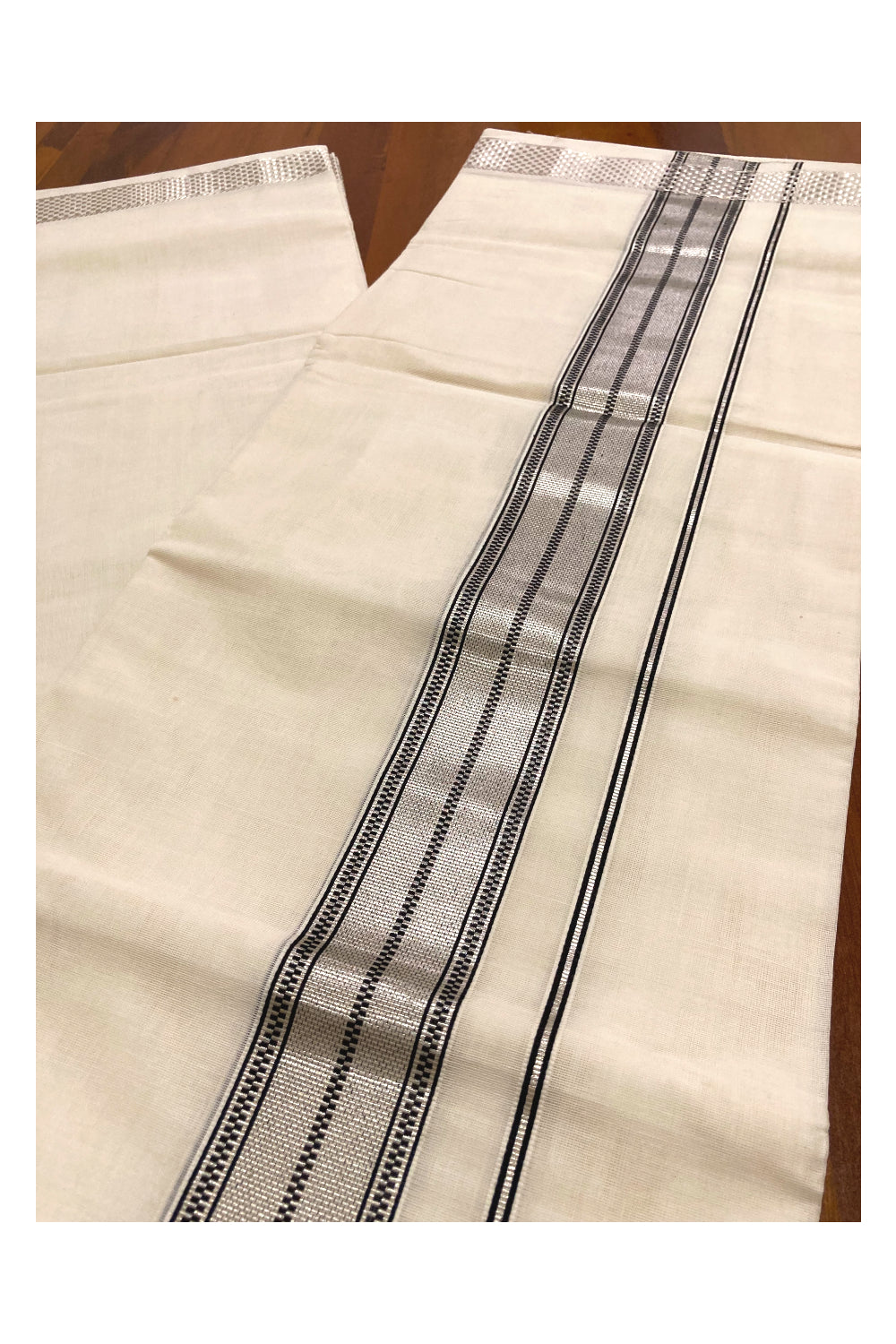 Southloom Premium Handloom Pure Cotton Mundu with Black and Silver Kasavu Border (South Indian Dhoti)